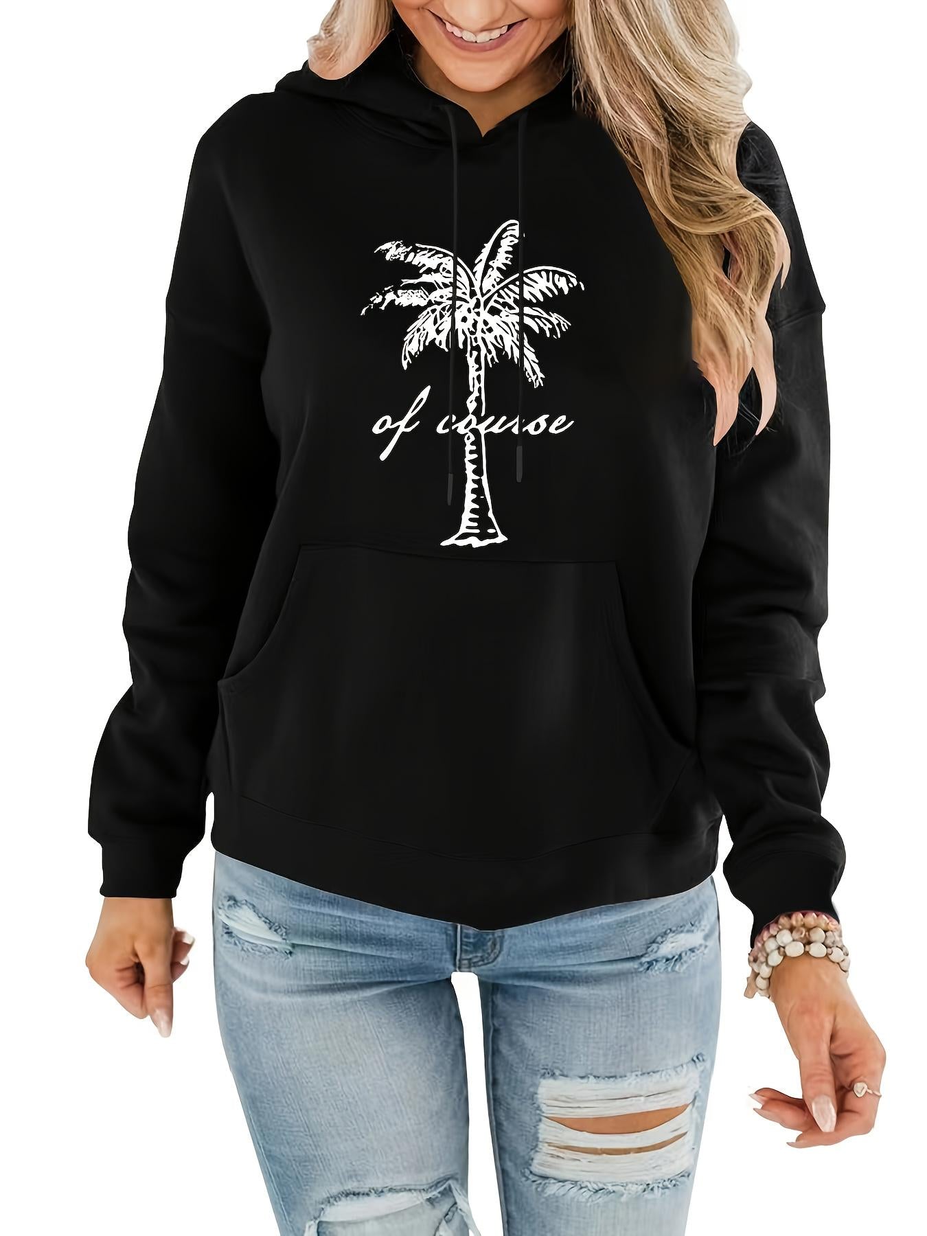 Women's Graphic Hoodie Of Course With Vintage Palm Tree Graphic Silhouette Design Hoodie