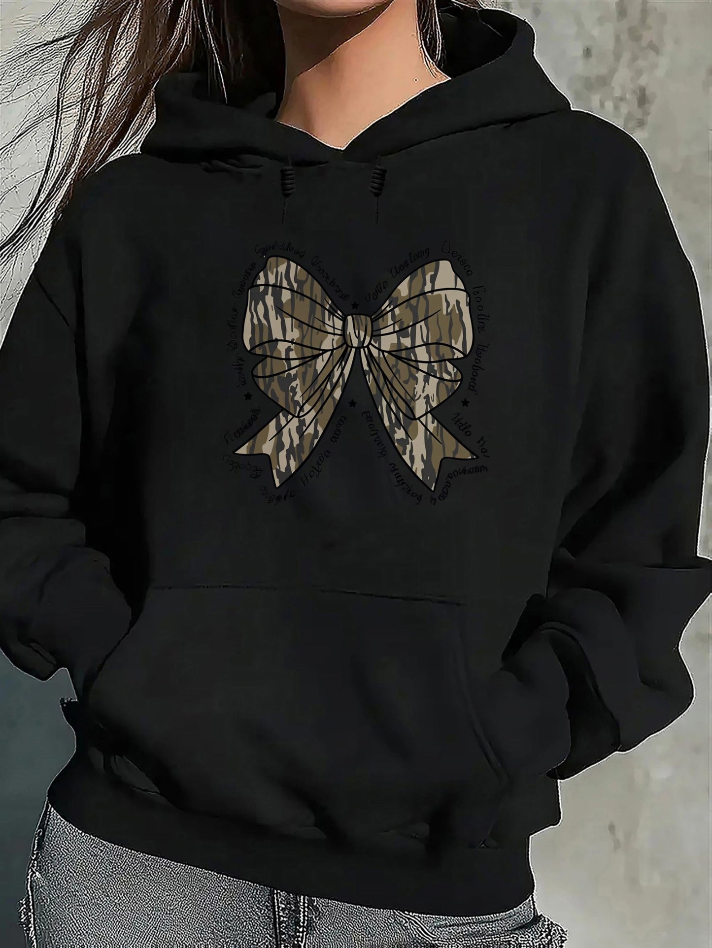 Women's Graphic Hoodie Vintage Camouflage Pattern Bow Ribbon Under Gentle Sunlight Bow