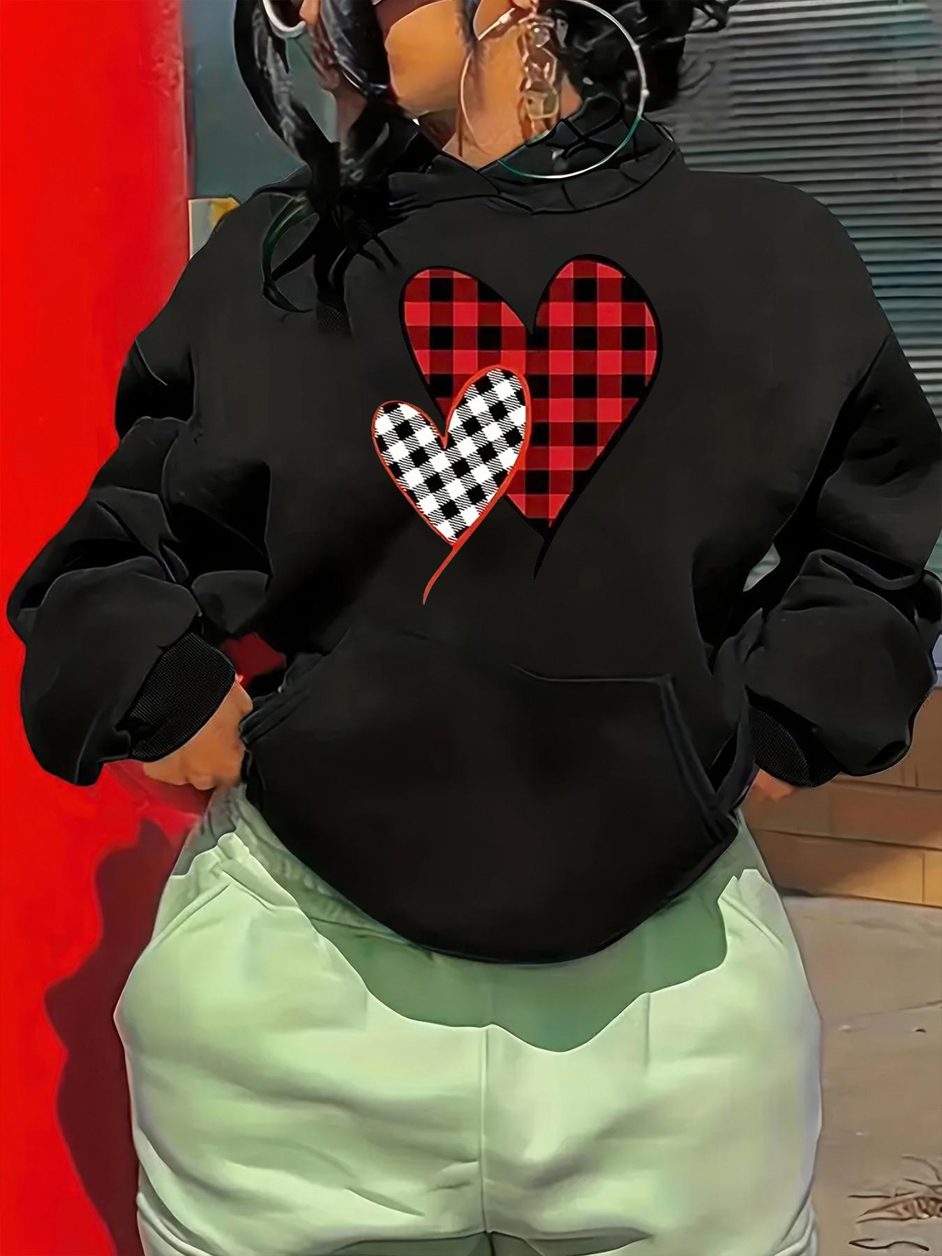 Women's Graphic Hoodie Checkered And Plaid Patterned Hearts With Subtle Shadow Heart