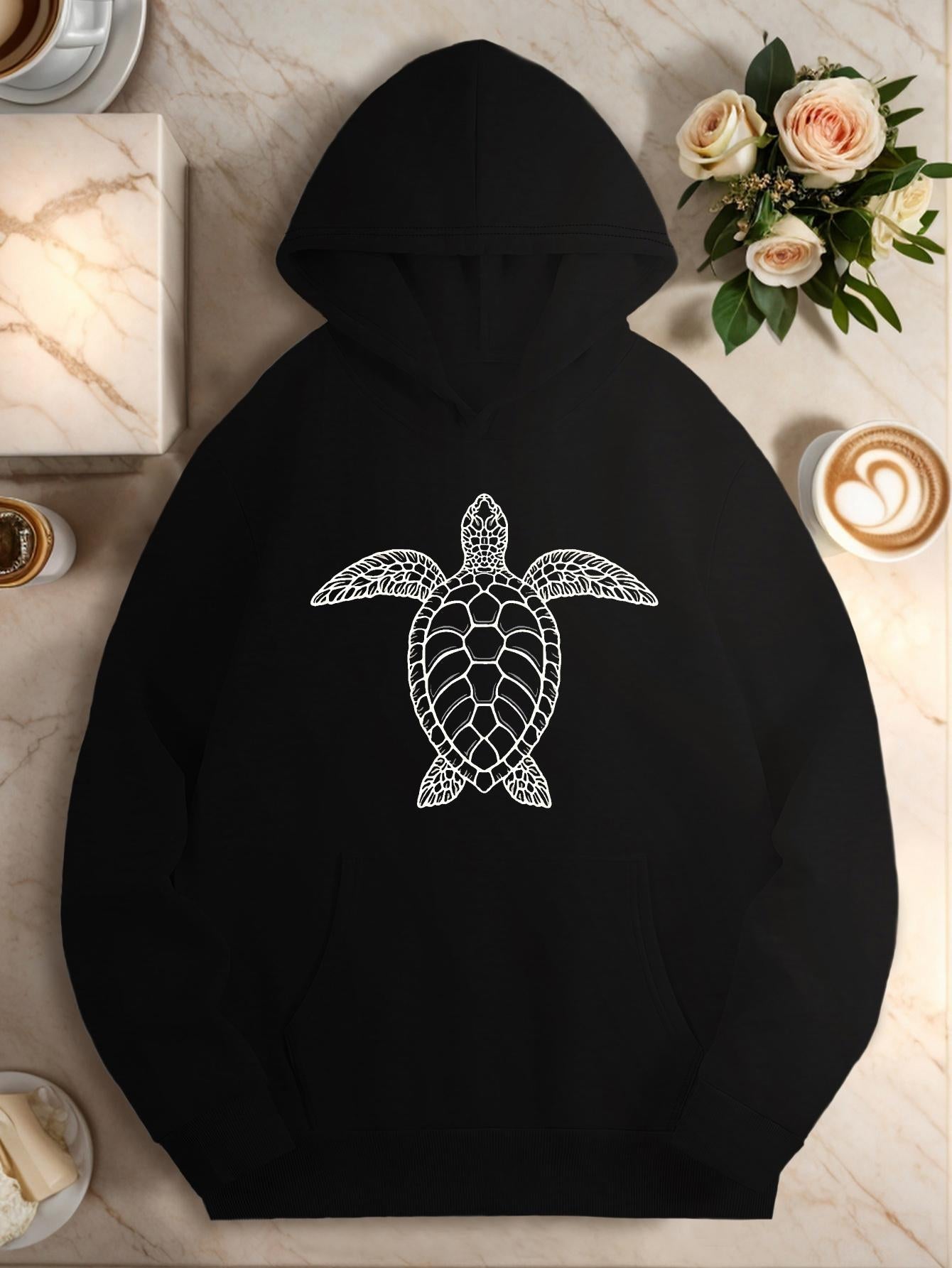Women's Graphic Hoodie Intricate Tribal Pattern Swimming Serenely On Dark Black Turtle