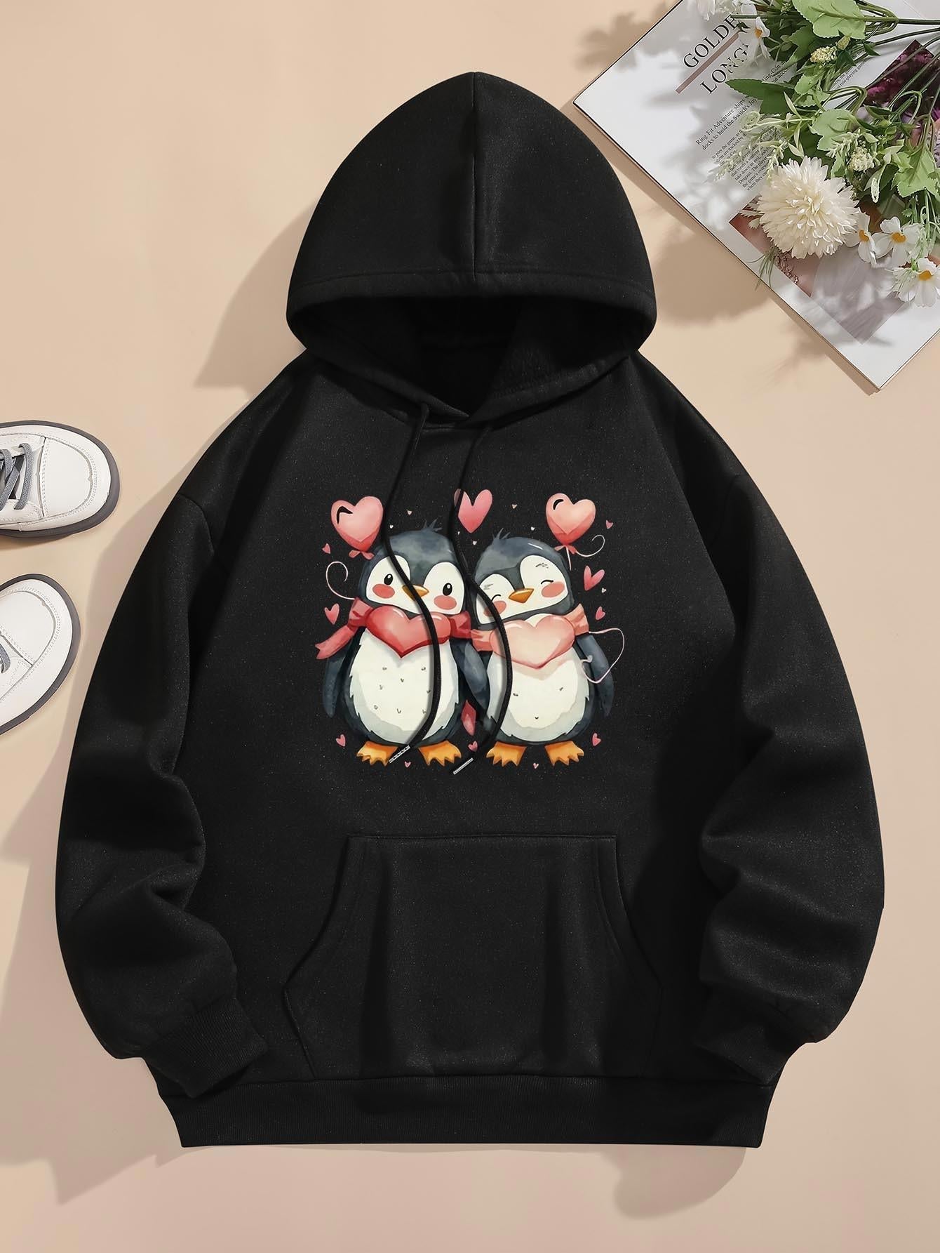 Women's Graphic Hoodie Playful Cartoon Heart Balloons With Two Adorable Penguins