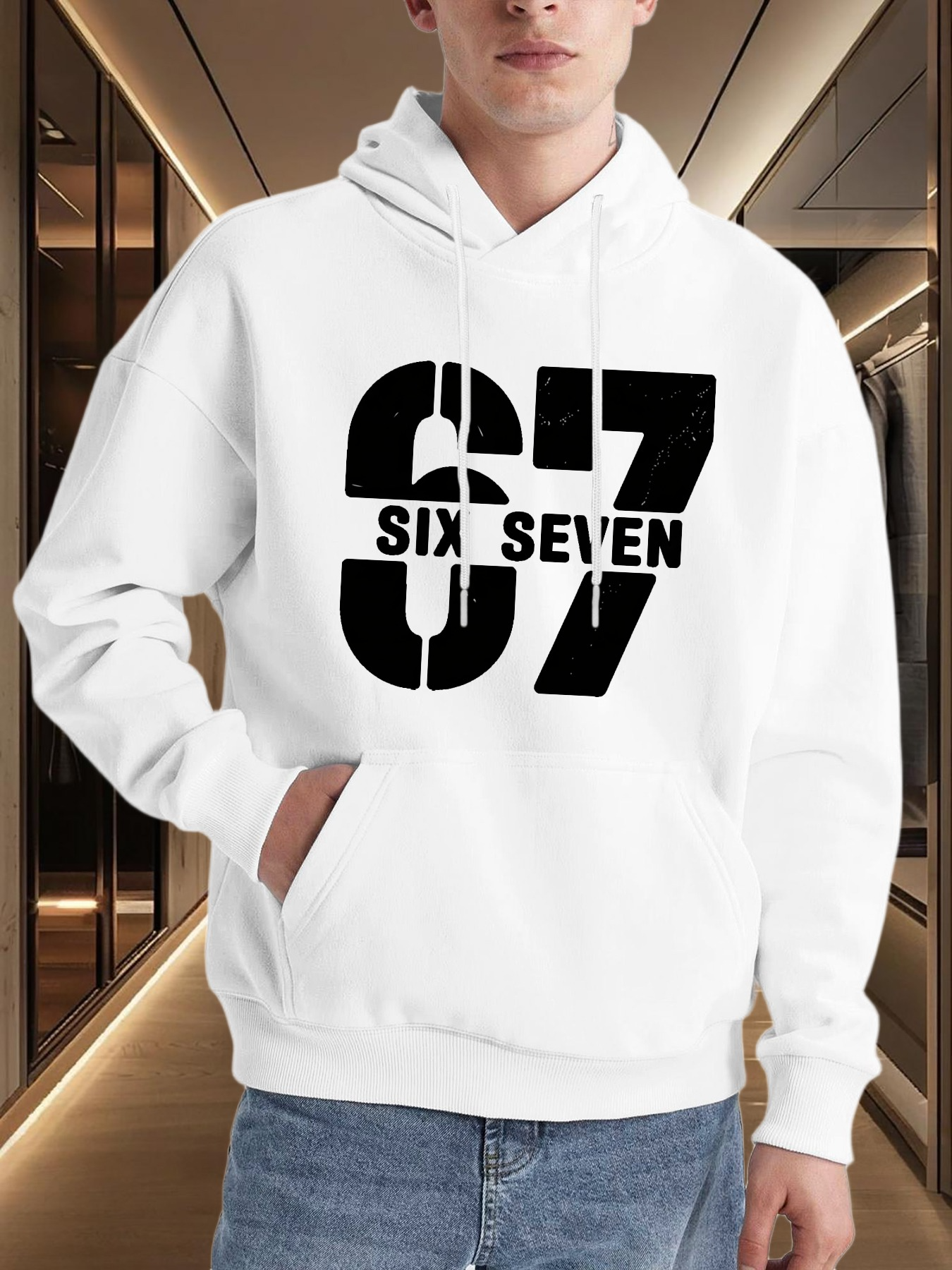 Men's Graphic Hoodie Large Black Block Numbers With Bold Text Across Center Seventy Seven Hoodie