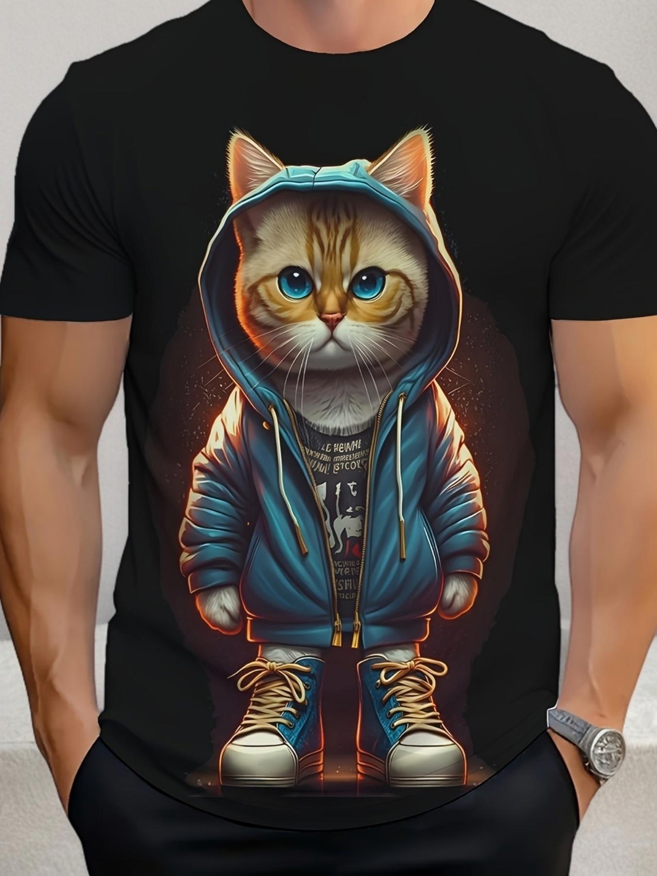 Men's Graphic T-Shirt Stylish Blue Hoodie Cat Wearing Sneakers Illustration Cat
