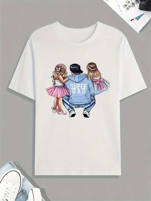 Men's Graphic T-Shirt Super Dad Father Crouching In Blue Hoodie With Daughters Wearing Pink Tutu Skirts Illustration