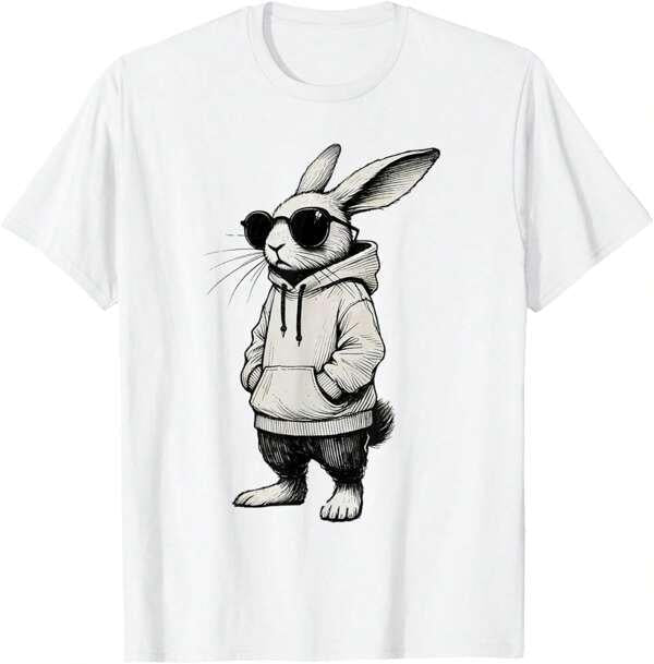 Men's Graphic T-Shirt Cool Urban Bunny Wearing Dark Sunglasses And A Casual Streetwear Hoodie Rabbit