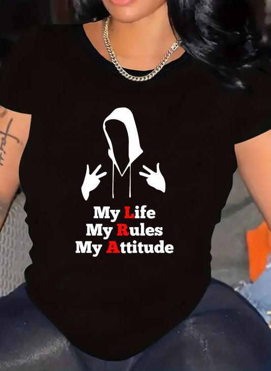 Women's Graphic T-Shirt My Life My Rules My Attitude Mysterious Human Figure Wearing A Hoodie Making Symbolic Hand Gestures Silhouette