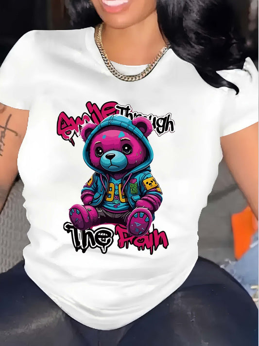 Women's Graphic T-Shirt Smile Through The Rain Colorful Streetwear Style Pink Bear Wearing A Blue Trendy Hoodie Bear