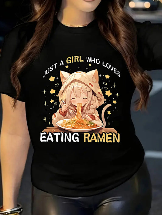 Women's Graphic T-Shirt Just A Girl Who Loves Eating Ramen Cute Anime Character Wearing Cat Ear Hoodie Eating Noodles Girl
