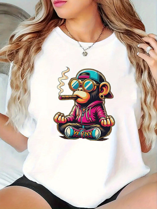 Women's Graphic T-Shirt Cool Urban Streetwear Style Wearing Sunglasses And Hoodie Meditating Monkey