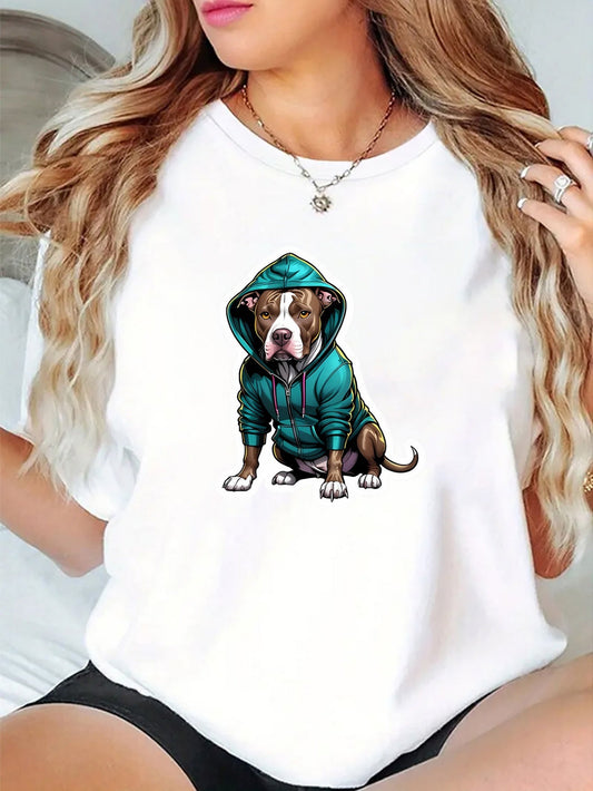 Women's Graphic T-Shirt Cool Brown Pit Bull Sitting While Wearing A Teal Green Hoodie Dog