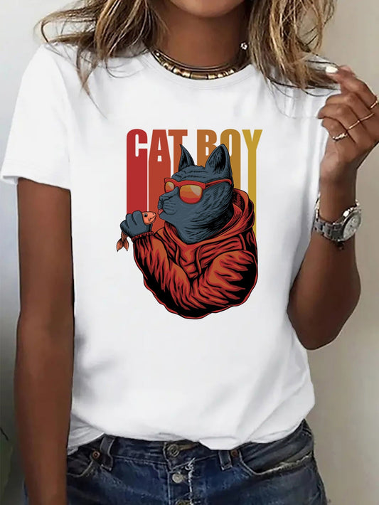 Women's Graphic T-Shirt Cat Boy Stylized Cool Cat Wearing Red Hoodie And Sunglasses Eating Fish Cat