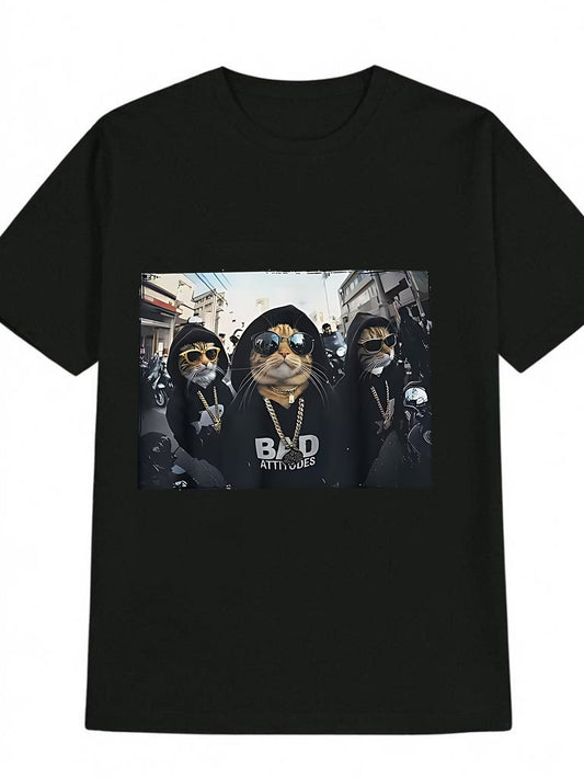 Women's Graphic T-Shirt Bad Attitudes Three Cool Street Cats Wearing Black Hoodies And Sunglasses Cat