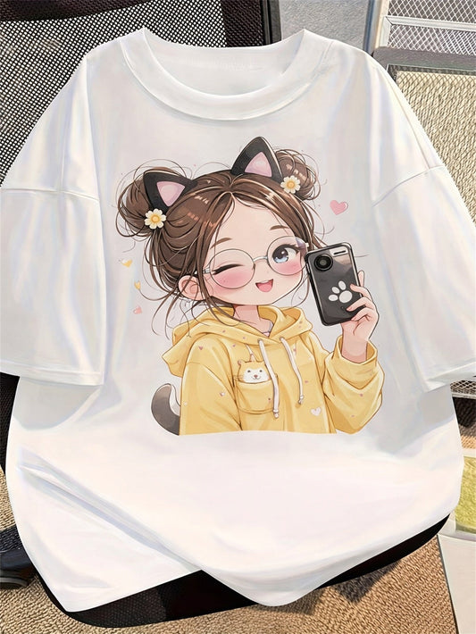 Women's Graphic T-Shirt Cute Anime Style Character Wearing Yellow Hoodie And Cat Ears Taking Selfie Girl