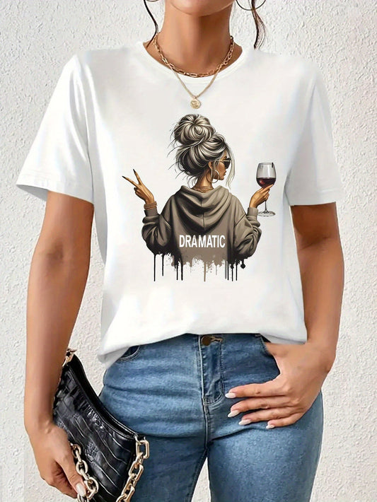 Women's Graphic T-Shirt Dramatic Stylish Girl With Messy Bun Holding Red Wine Glass Wearing Hoodie Woman