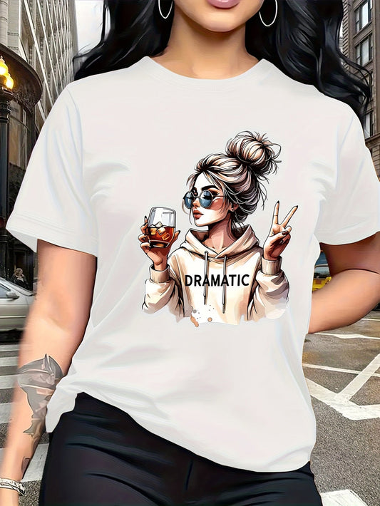 Women's Graphic T-Shirt Dramatic Stylish Messy Bun Lady Holding Glass Wearing Sunglasses And Hoodie Woman